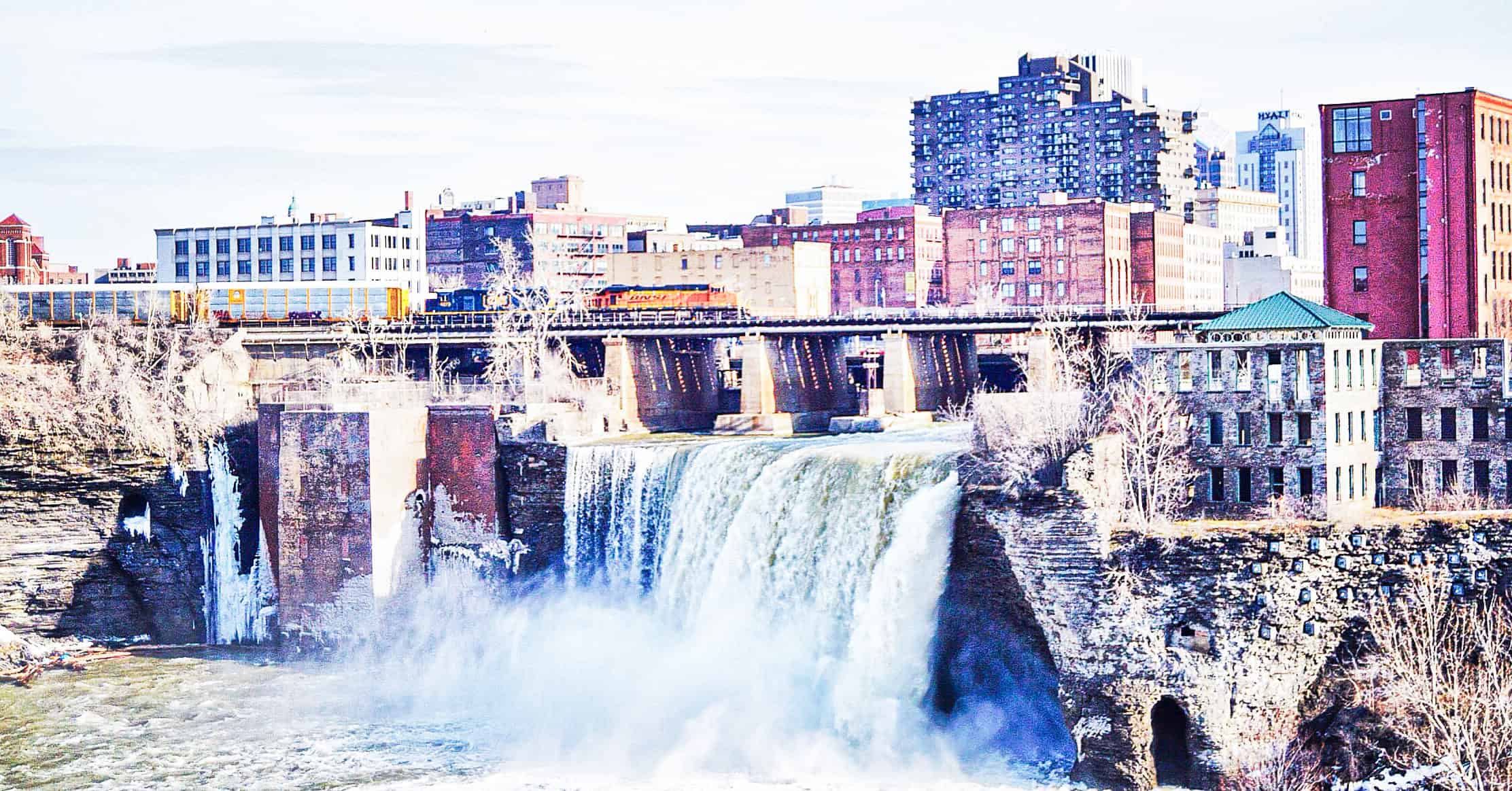 Highfalls with a train going by in Rochester, NY