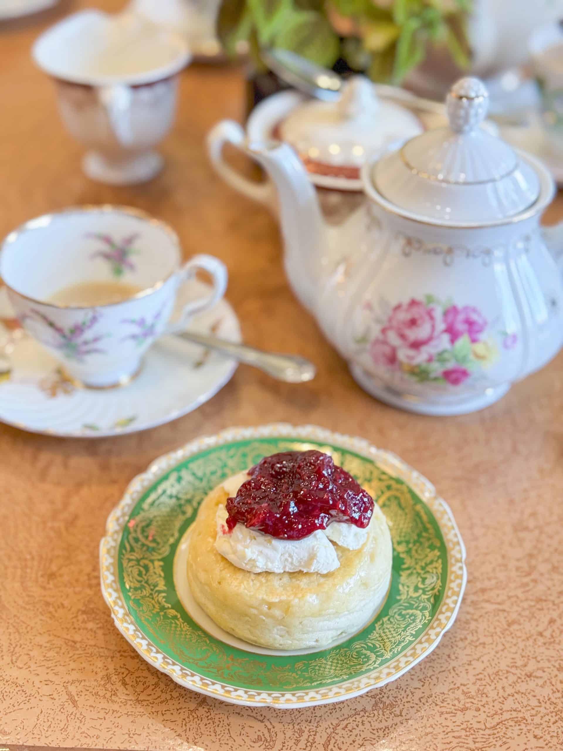 Sweet crumpet with Earl Grey in a tea cup and a tea pot at CRUMPETS in Rochester, NY