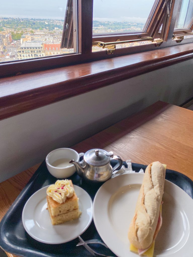 Victoria sponge with tea and ham sandwich at the cafe in Edinburgh Castle, worth the view of Edinburgh