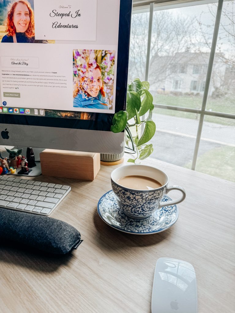 Desk set up with tea