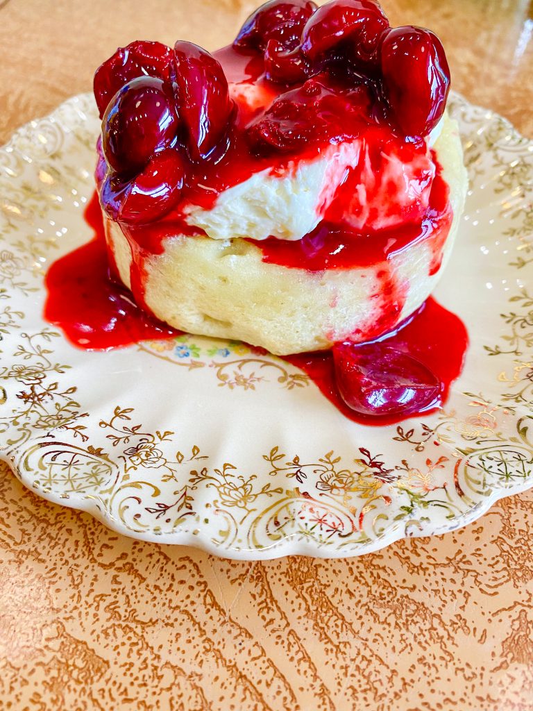 Crumpet with cream cheese and cherries from CRUMPETS in Rochester, NY