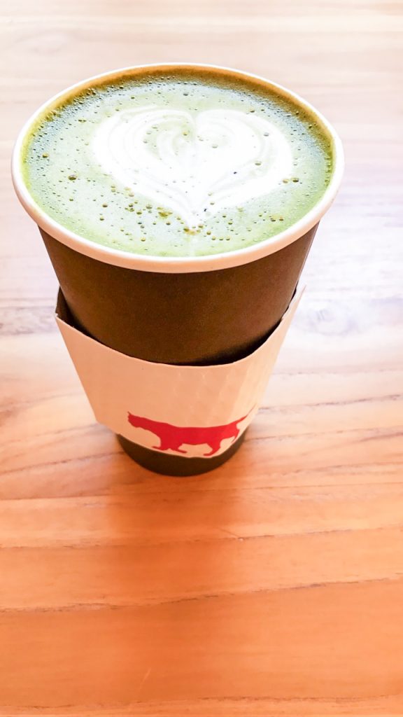 A close up of a matcha latte at Equator Coffee in San Fancisco