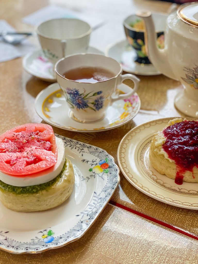 Savory and sweet crumpet with a tea cup fulled with Earl Grey at CRUMPETS in Rochester, NY