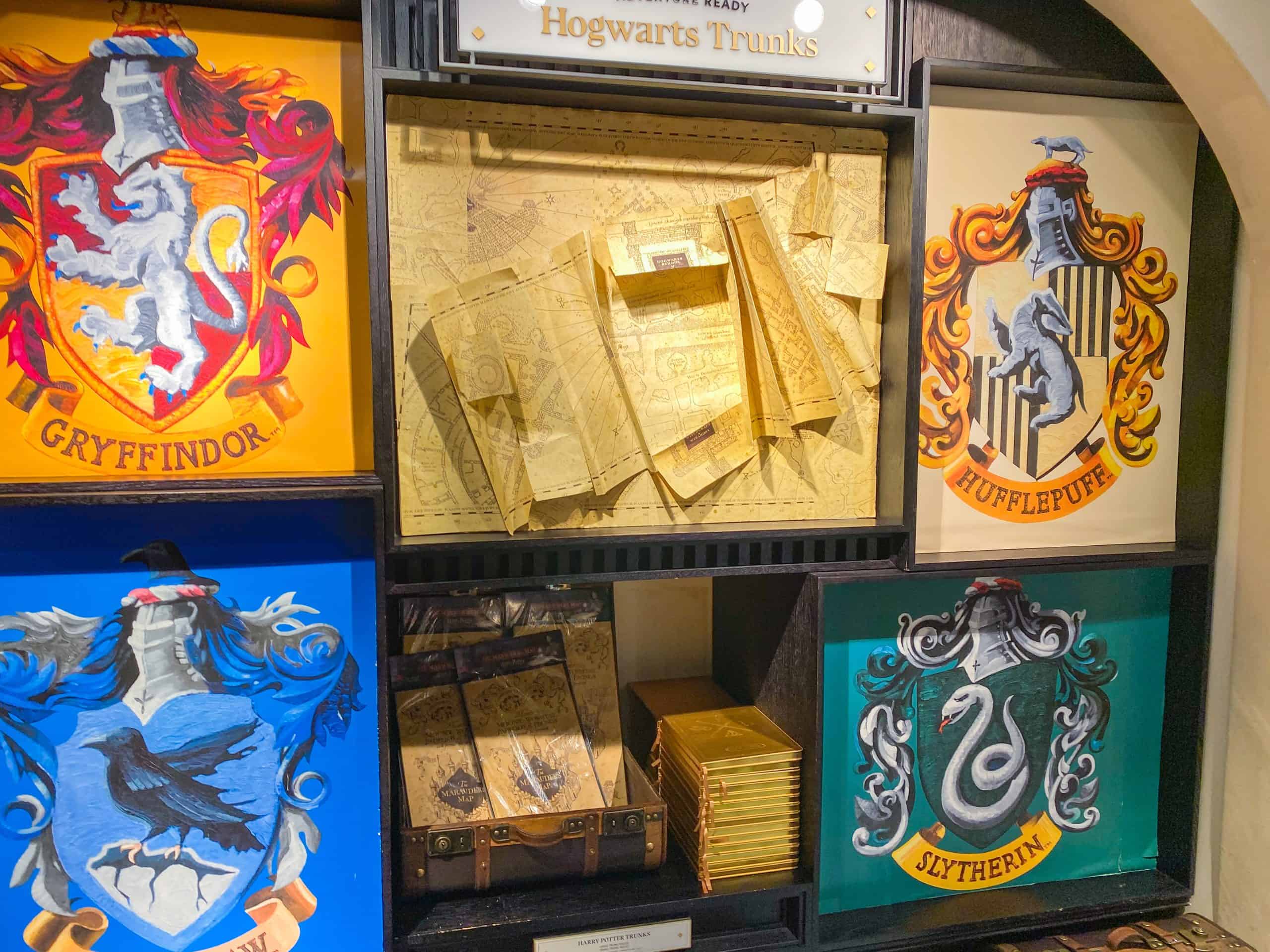 Four Hogwarts houses and map at the Harry Potter Store in NYC